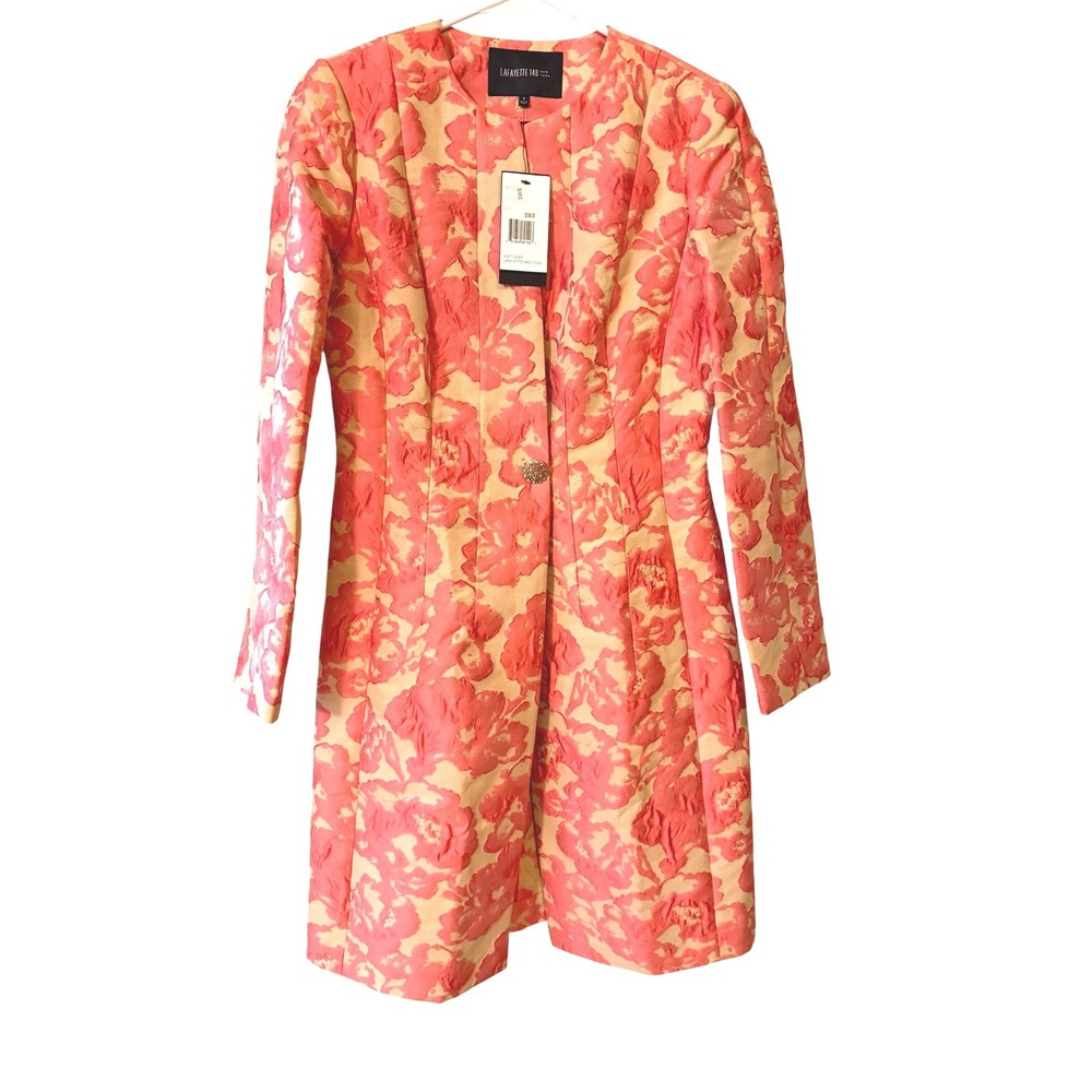 Lafayette 148 New York Floral Brocade Longline Blazer Jacket Coral Cream Luxury2